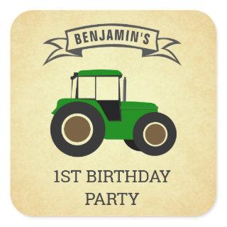Green Farm Tractor Kids Birthday Party Square Sticker