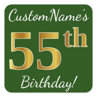 Green, Faux Gold 55th Birthday + Custom Name Square Sticker