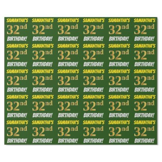 Green, Faux/Imitation Gold, "32nd BIRTHDAY"