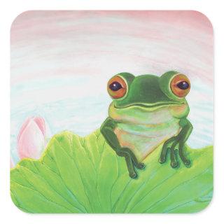 Green Frog behind the lily pad square sticker