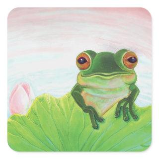 Green Frog behind the lily pad square sticker