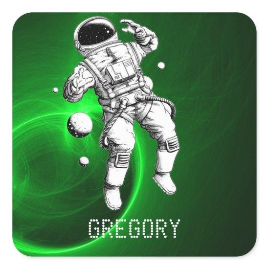 Green Galaxy Astronaut Personalized Square Sticker