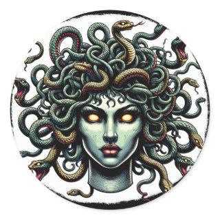 Green Gazing Medusa Head full of Snakes Classic Round Sticker