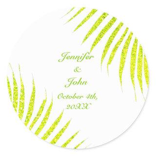 Green Glitter Palm Leaf White Tropical Wedding Classic Round Sticker