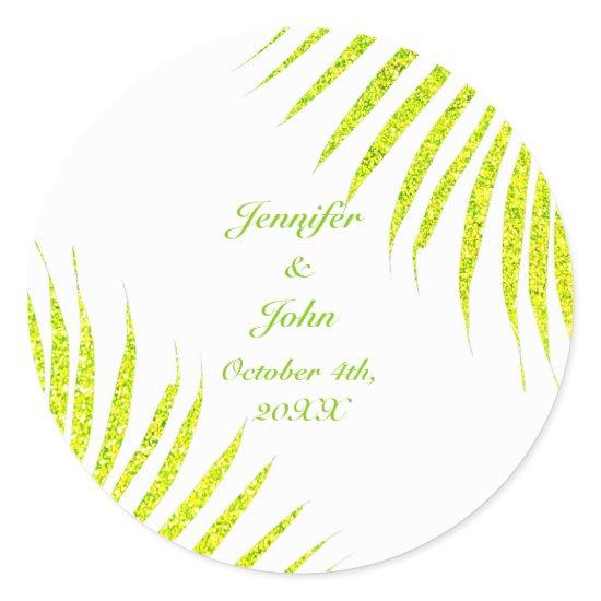 Green Glitter Palm Leaf White Tropical Wedding Classic Round Sticker