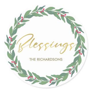 GREEN GOLD RED BERRIES CHRISTMAS WREATH BLESSINGS CLASSIC ROUND STICKER