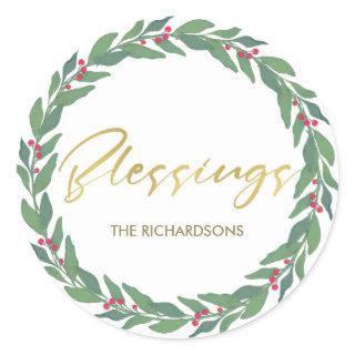 GREEN GOLD RED BERRIES CHRISTMAS WREATH BLESSINGS CLASSIC ROUND STICKER