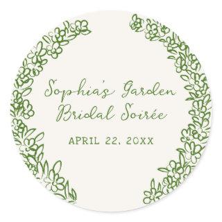 Green Hand Drawn Floral Border Classic Round Sticker