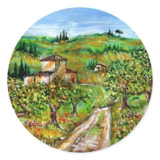 GREEN HILLS AND OLIVE TREES IN TUSCANY LANDSCAPE CLASSIC ROUND STICKER