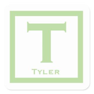 Green Initial Name Kids Boy Party Back to School Square Sticker