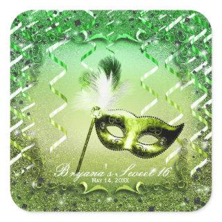 Green Masquerade Mask Elegant Ball Party Square Sticker