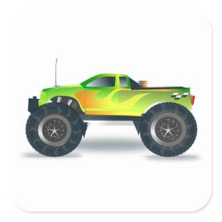 Green Monster Truck with Flames Painted On Side Square Sticker