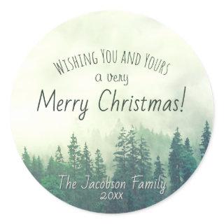 Green Mountain Pines Festive Merry Christmas Classic Round Sticker