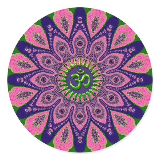 Green Om Funky Pink and Indigo Mandala Classic Round Sticker