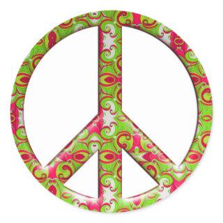 GREEN & PINK RETRO PEACE SIGN CLASSIC ROUND STICKER