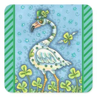 GREEN POLKA DOT FLAMINGO, FUNNY ST. PATRICK'S DAY SQUARE STICKER
