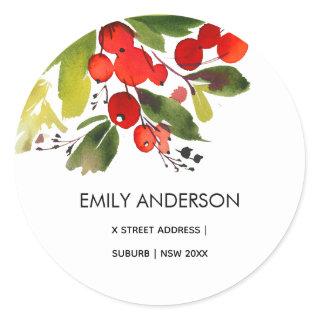 GREEN RED BERRIES WATERCOLOR CHRISTMAS ADDRESS CLASSIC ROUND STICKER