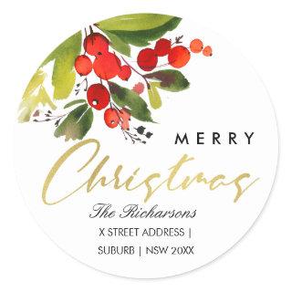 GREEN RED BERRY WATERCOLOR MERRY CHRISTMAS ADDRESS CLASSIC ROUND STICKER