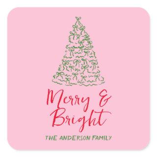 Green Red Pink Hand Drawn Ribbons Tree Christmas Square Sticker
