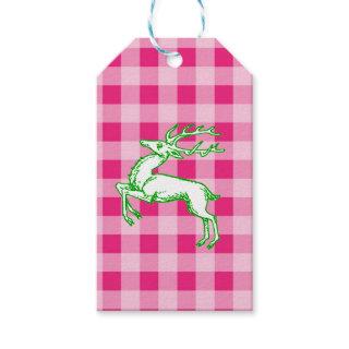 Green Reindeer Pink Gingham Gift Tags