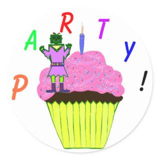 Green Robot Girl and Pink Cupcake Birthday Party Classic Round Sticker