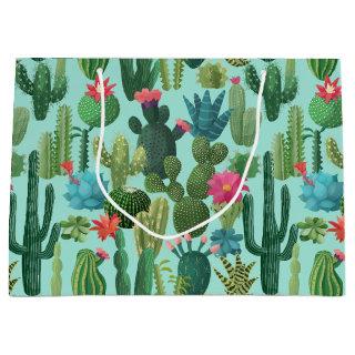 Green Teal Blooming Cacti Pattern Large Gift Bag
