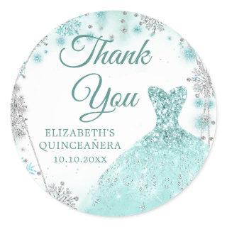 Green Teal Silver Wintere Quinceañera Thank You Classic Round Sticker