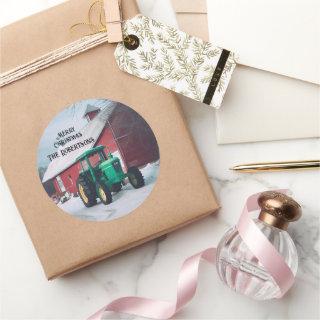 Green Tractor and Red Barn Classic Round Sticker