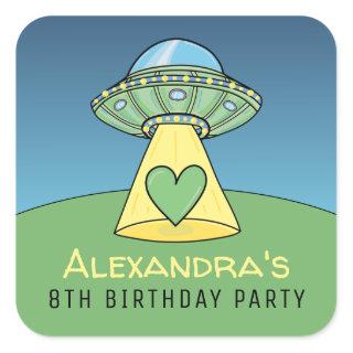Green UFO Alien Birthday Party Square Sticker