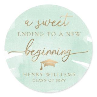 Green Watercolor Sweet New Beginning Graduation Classic Round Sticker