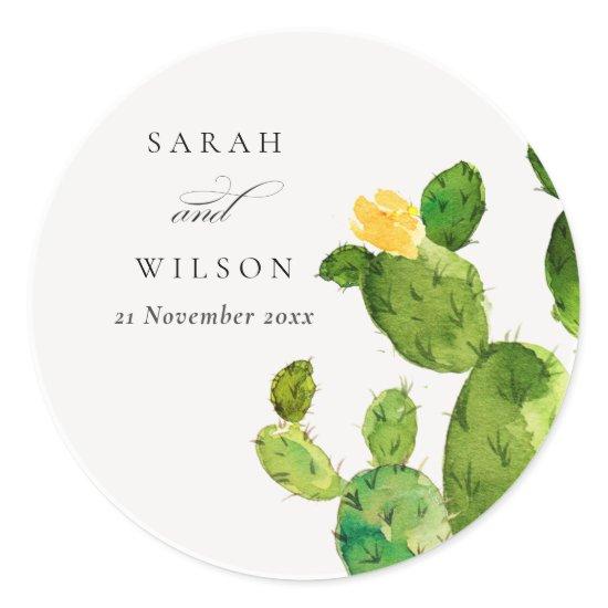 GREEN WATERCOLOUR DESERT CACTUS FLOWER  MONOGRAM CLASSIC ROUND STICKER
