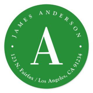 Green & White | Monogram Return Address Classic Round Sticker