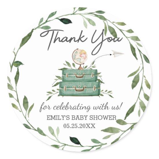 Greenery Adventure Baby Shower Journey Suitcase Classic Round Sticker