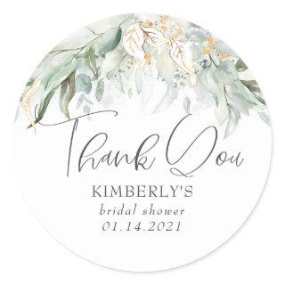 Greenery and Gold Boho Watercolor Leaves Thank You Classic Round Sticker