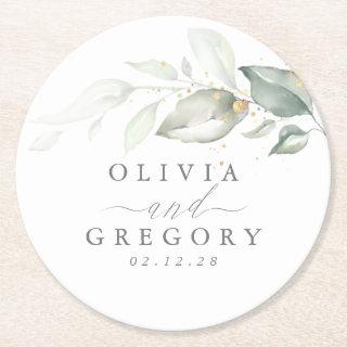 Greenery and Gold Elegant Romantic Wedding Round Paper Coaster