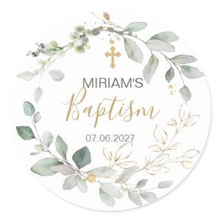 Greenery and gold foliage Baptism Classic Round Classic Round Sticker