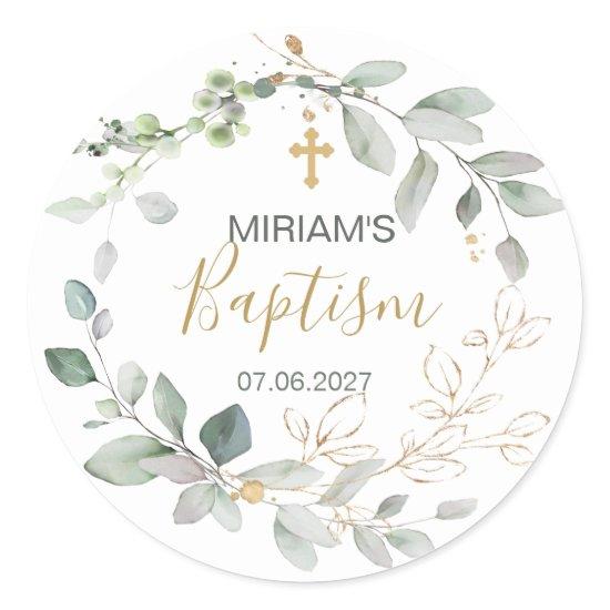 Greenery and gold foliage Baptism Classic Round Classic Round Sticker