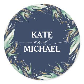 Greenery and Gold Leaves Wreath Navy Blue Wedding Classic Round Sticker