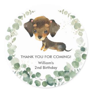 Greenery Cute Dachshund Puppy Dog Birthday Favor Classic Round Sticker