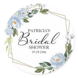 Greenery Dusty Blue Floral Geometric Bridal Shower Classic Round Sticker