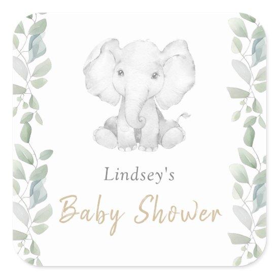 Greenery Eucalyptus Little Elephant Baby Shower Square Sticker