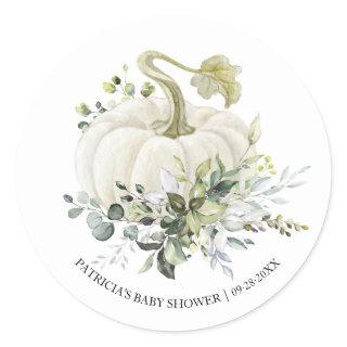 Greenery Eucalyptus Pumpkin Fall Baby Shower Classic Round Sticker