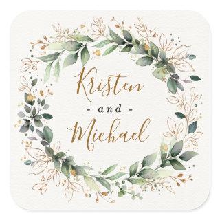 Greenery Gold Elegant Watercolor Boho Leaf Wedding Square Sticker