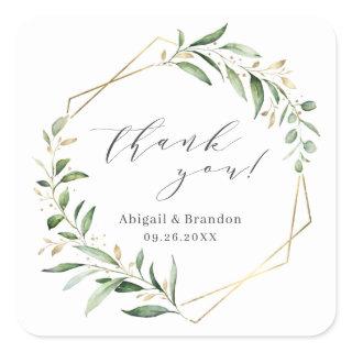 Greenery Gold Geometric Thank You Rustic Wedding Square Sticker