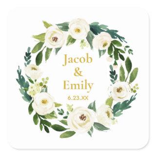 Greenery Gold Personalized Names Date Wedding Square Sticker