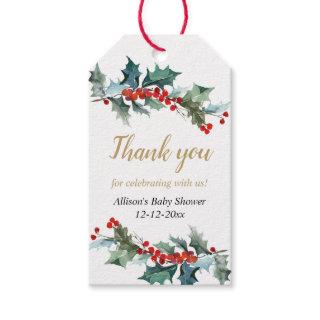 Greenery holly red gold Christmas baby shower Gift Tags