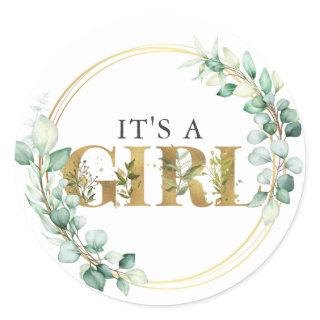 Greenery Its a Girl Gold Eucalyptus Baby Shower Classic Round Sticker