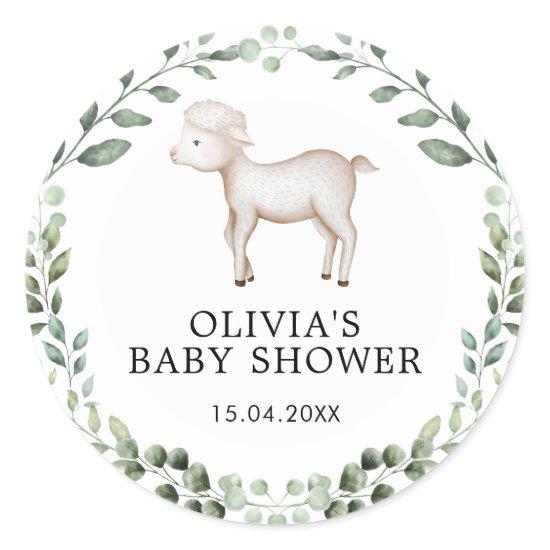 Greenery Lamb Baby Shower Spring Sheep Favours Classic Round Sticker