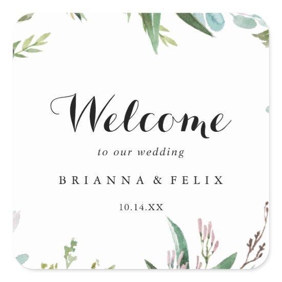Greenery Tropical Calligraphy Wedding Welcome Square Sticker