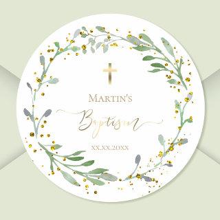 greenery wreath Baptism Classic Round Sticker